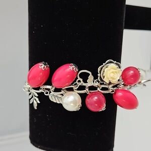 SILVERSTONE Faux Pearls & Red Beads Charm Bracelet